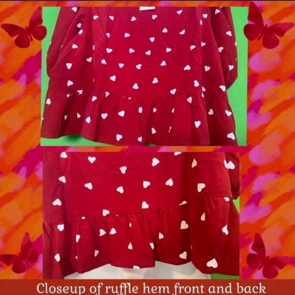 FEMME NWT 4X RED FLIRTY CROP TOP WHITE HEARTS PEPLUM HEM&PUFF SLEEVE - Picture 6 of 12